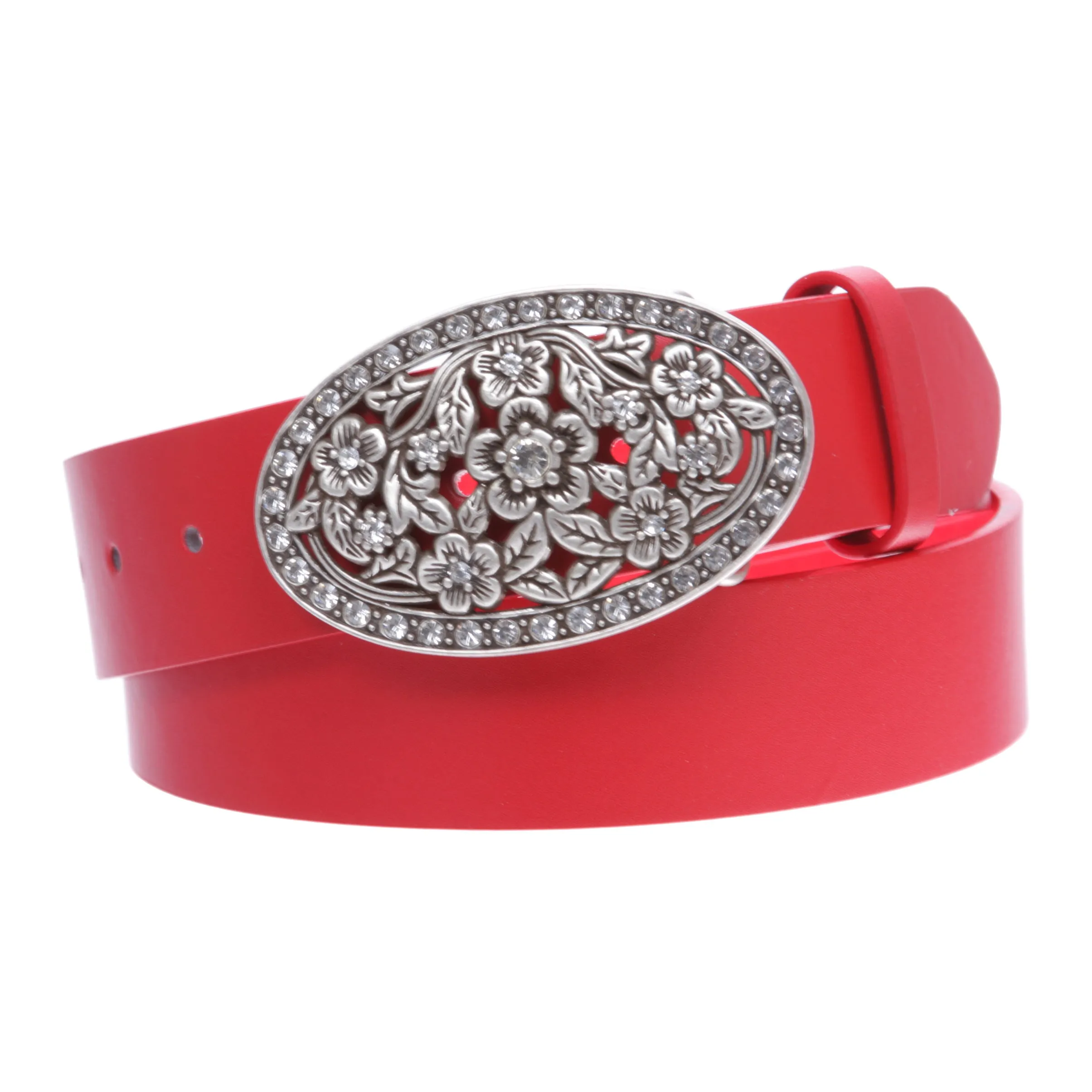 1 1/2" Women's Snap On Belt With Oval Perforated Engraved Crystal Rhinestone Western Floral Buckle