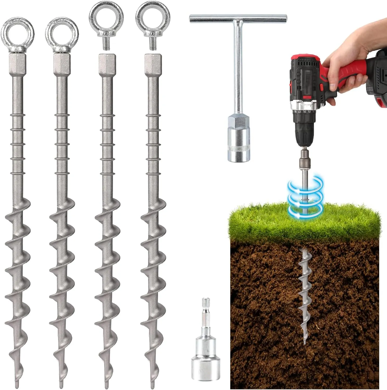 14" Ground Anchors Screw in Non-Rust Cast Aluminum Detachable Tent Stakes for Camping Tents,Sand,Trampoline,Swing Sets and Sheds4 Packs