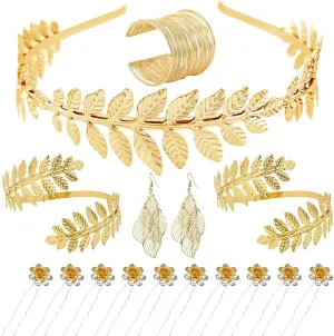 16 Pieces Greek Goddess Costume Accessories Set Gold Leaf Pearl Headband, Armlet, Earrings, Laurel Leaves Headpiece Hair Crown for Women Bridal Accessory
