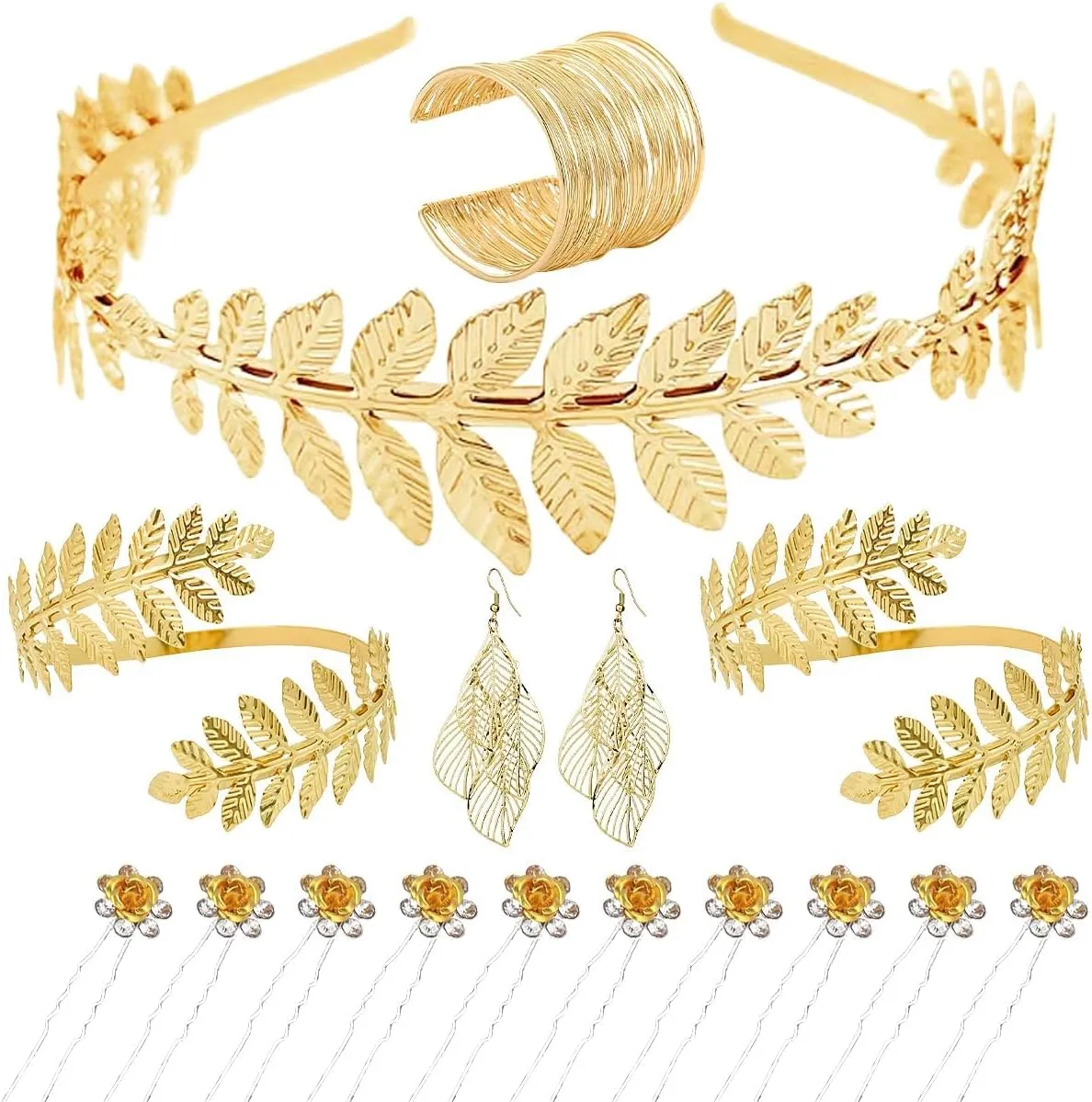 16 Pieces Greek Goddess Costume Accessories Set Gold Leaf Pearl Headband, Armlet, Earrings, Laurel Leaves Headpiece Hair Crown for Women Bridal Accessory