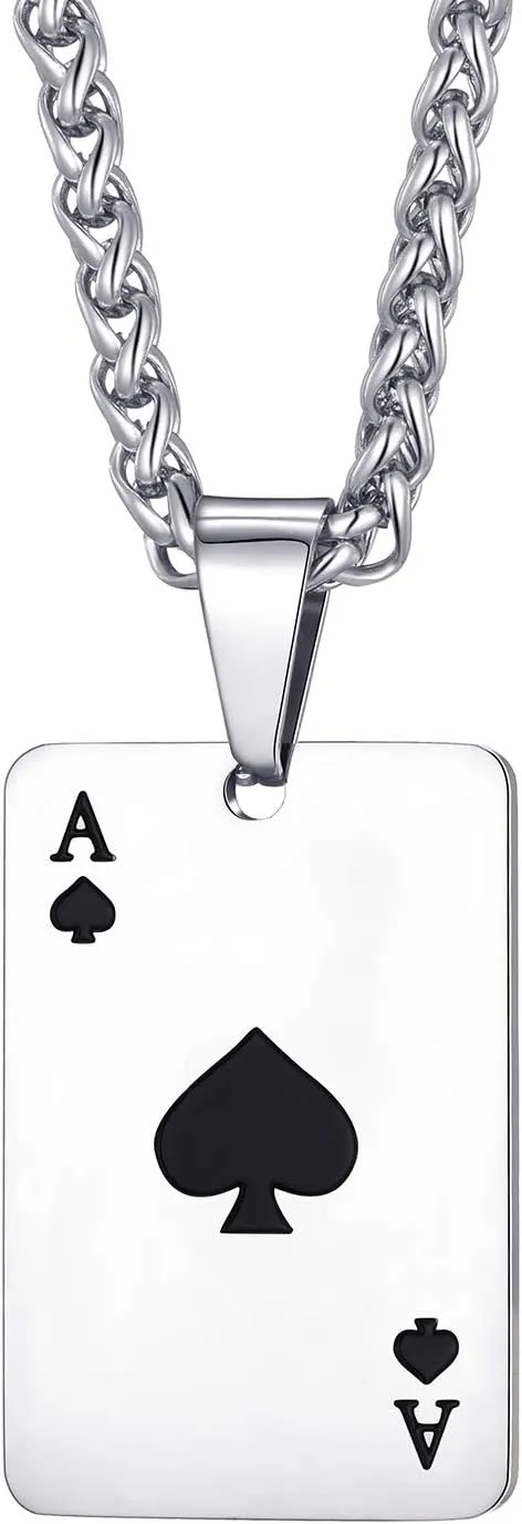 Ace Necklace for Men and Women Ace of Spades Heart Ace Poker Necklace 24 Inches Stainless Steel Chain