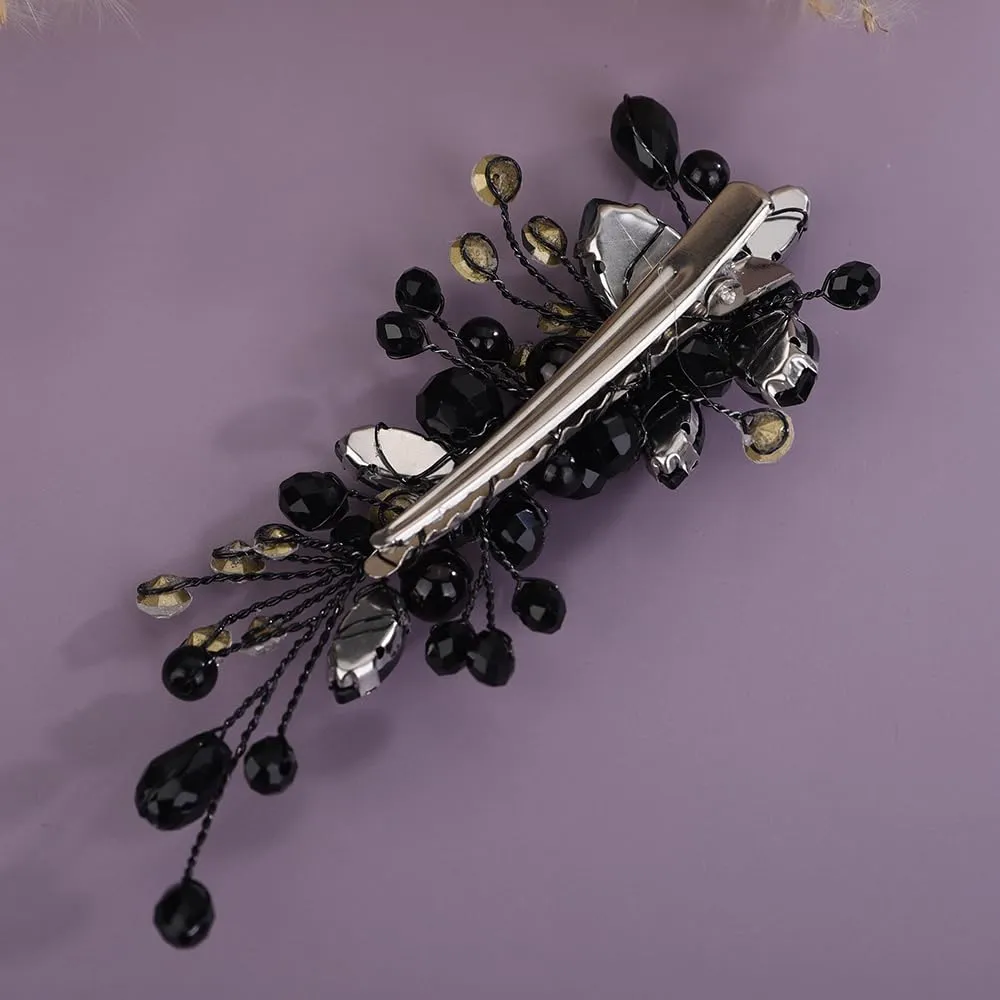 Black Crystal Hair Clip for Women Wedding Bridal Handmade Hair Accessories Side Headpiece Jewelry (Black)