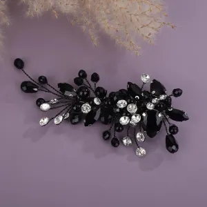 Black Crystal Hair Clip for Women Wedding Bridal Handmade Hair Accessories Side Headpiece Jewelry (Black)