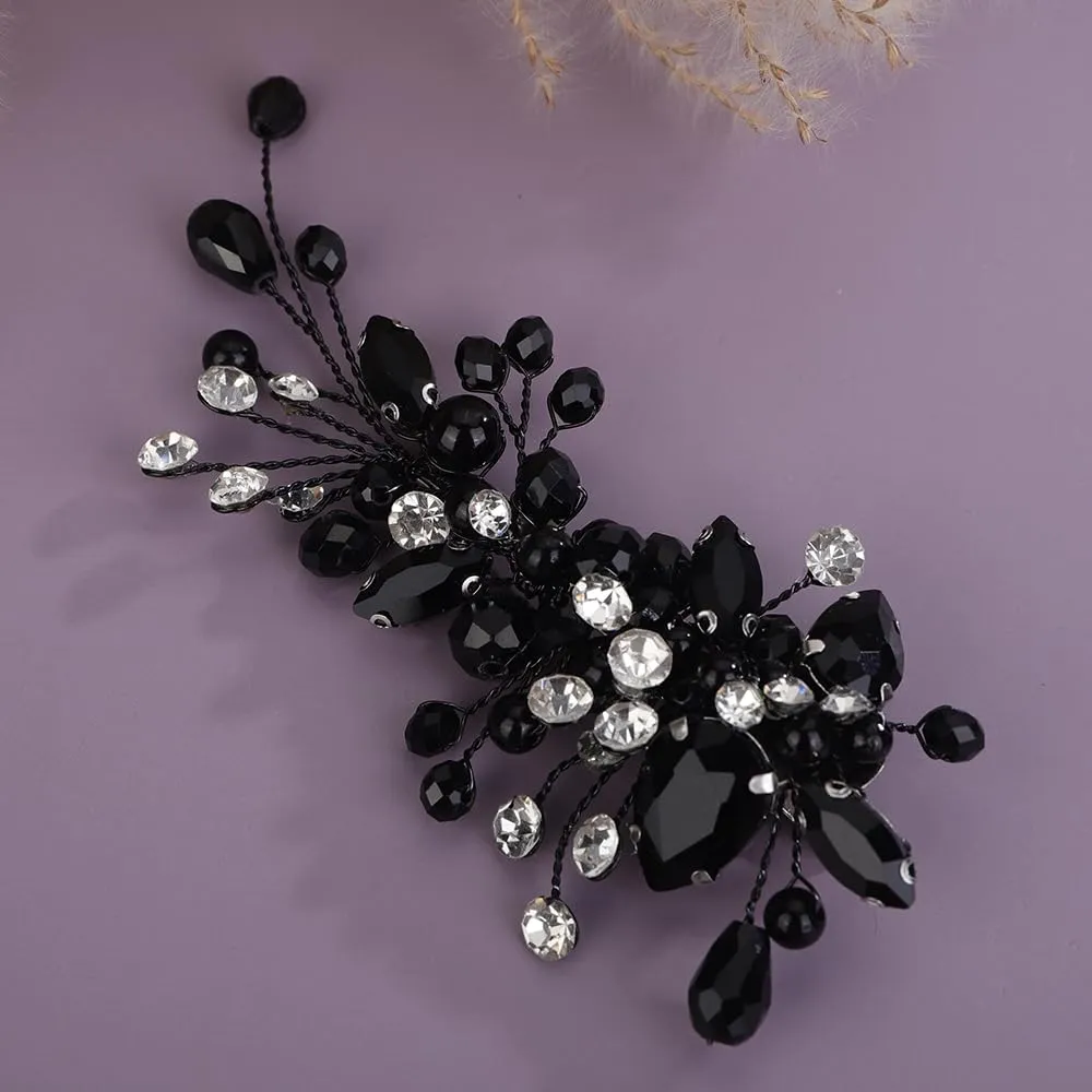 Black Crystal Hair Clip for Women Wedding Bridal Handmade Hair Accessories Side Headpiece Jewelry (Black)
