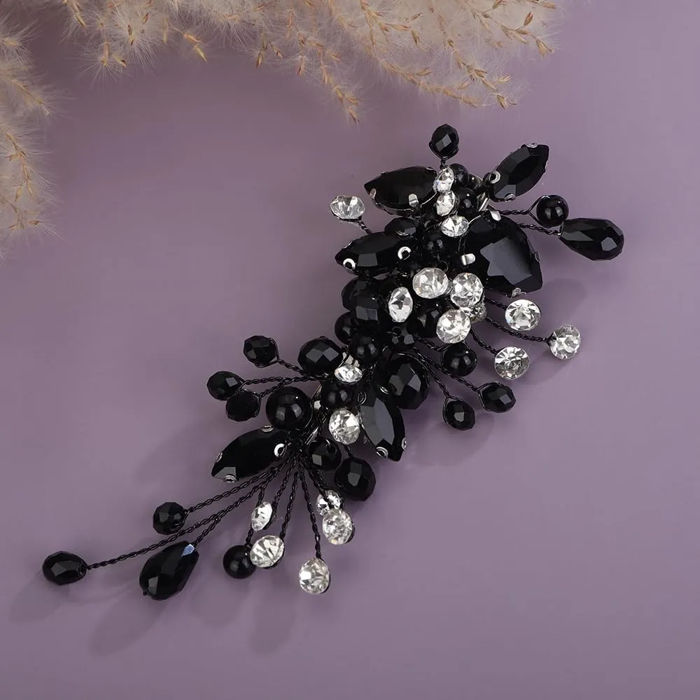 Black Crystal Hair Clip for Women Wedding Bridal Handmade Hair Accessories Side Headpiece Jewelry (Black)