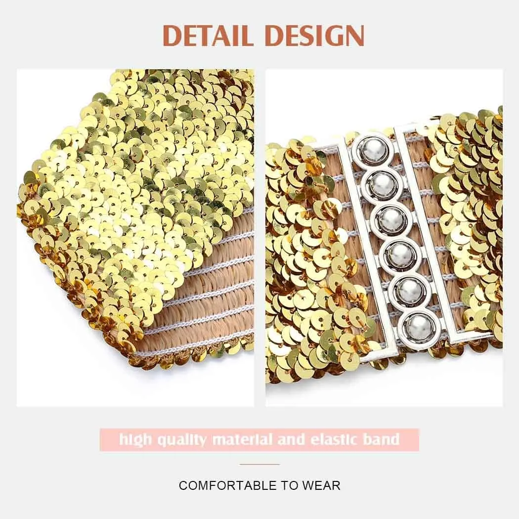 BODIY Women Stretch Wide Waist Belt Sequin Elastic Dress Belts Sparkly Waistband Cinch Belt