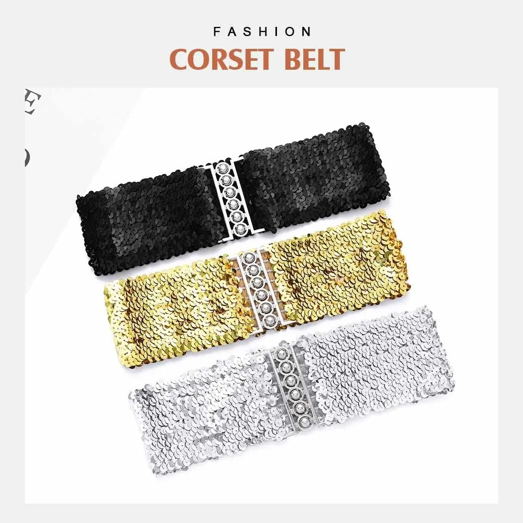 BODIY Women Stretch Wide Waist Belt Sequin Elastic Dress Belts Sparkly Waistband Cinch Belt