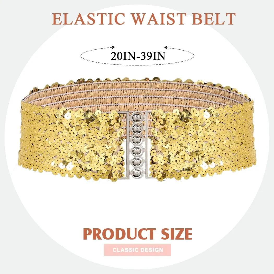 BODIY Women Stretch Wide Waist Belt Sequin Elastic Dress Belts Sparkly Waistband Cinch Belt