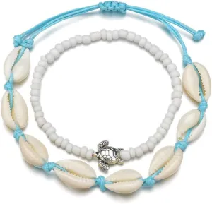 Boho Shell Beads Anklets Set Sea Turtle Starfish Ankle Bracelets Chain Beads Foot Jewelry for Women
