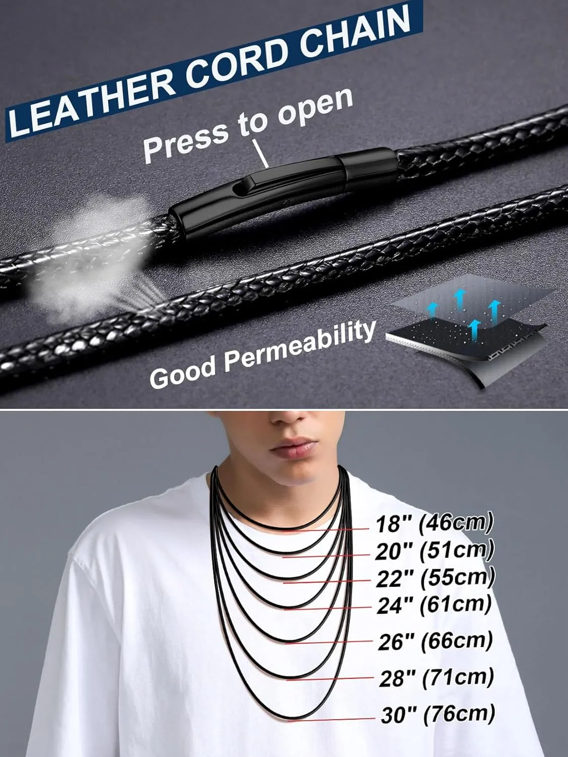 ChainsPro Men Waterproof Braided Leather Necklace Wax Rope Chain, Customize Available, 2/3mm Width, With Snap Clasp, 16??18" 20" 22" 24" 26" 28" 30"-Send Gift Box
