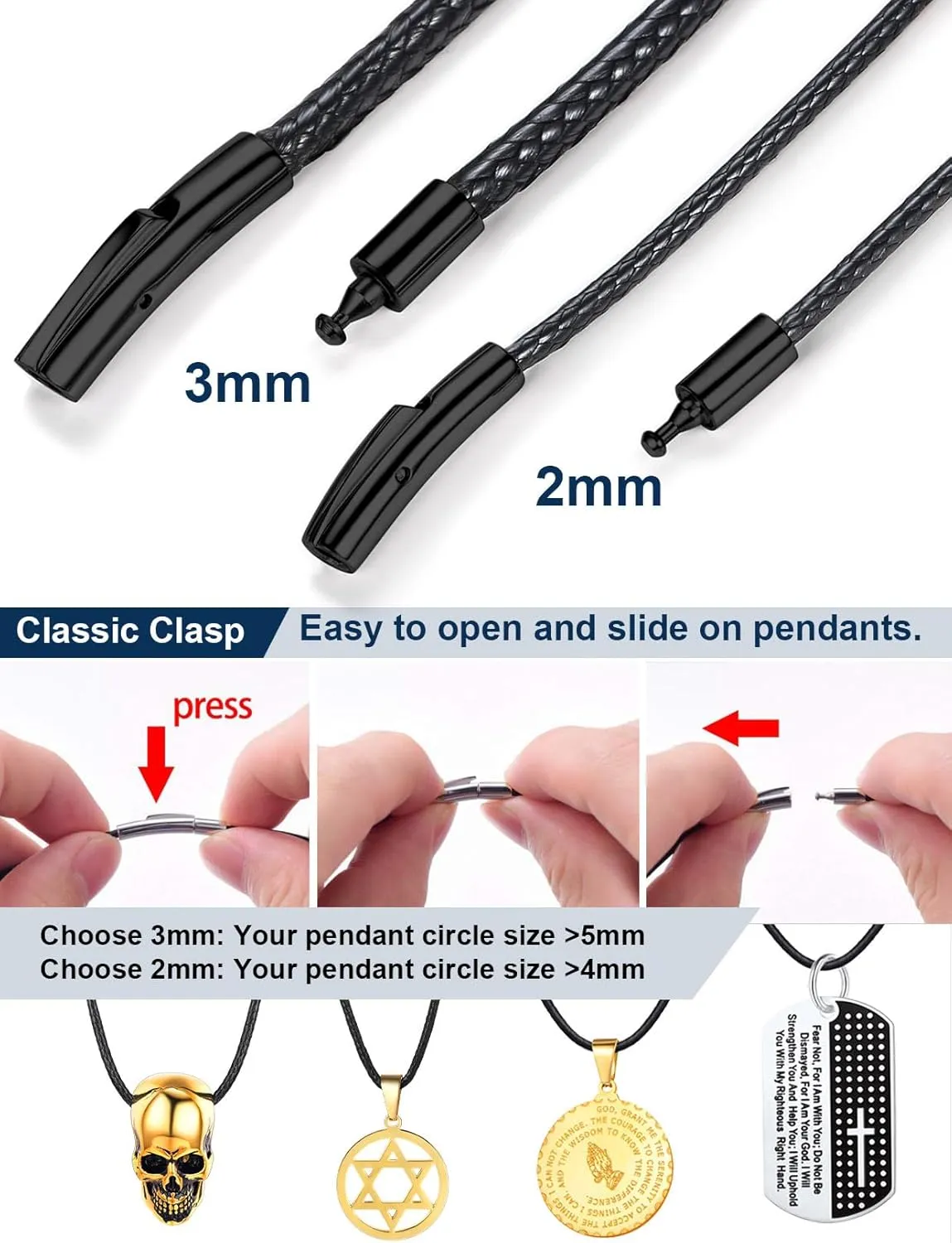 ChainsPro Men Waterproof Braided Leather Necklace Wax Rope Chain, Customize Available, 2/3mm Width, With Snap Clasp, 16??18" 20" 22" 24" 26" 28" 30"-Send Gift Box