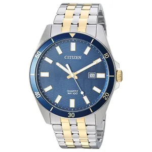 Citizen Men's Blue Dial Two Tone Silver Gold Band Stainless Steel Quartz Watch - BI5054-53L