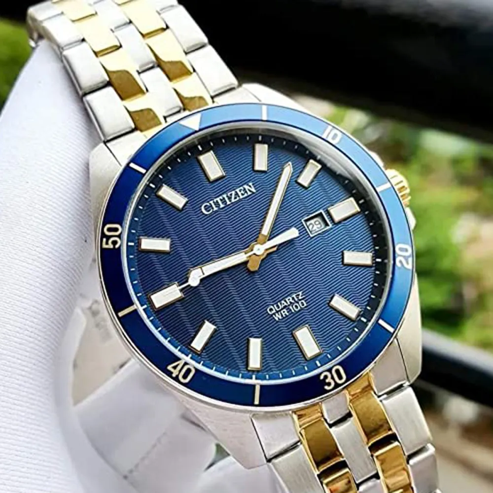 Citizen Men's Blue Dial Two Tone Silver Gold Band Stainless Steel Quartz Watch - BI5054-53L