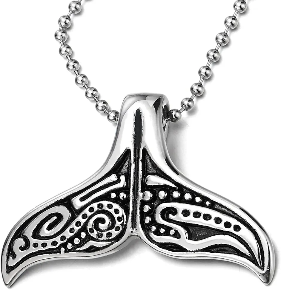 COOLSTEELANDBEYOND Stainless Steel Mens Women Vintage Whale Dolphin Tail Pendant Necklace with 23.6 inches Ball Chain