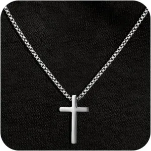 Cross Necklace for Men, Silver Black Gold Stainless Steel Plain Cross Pendant Necklace for Men Box Chain