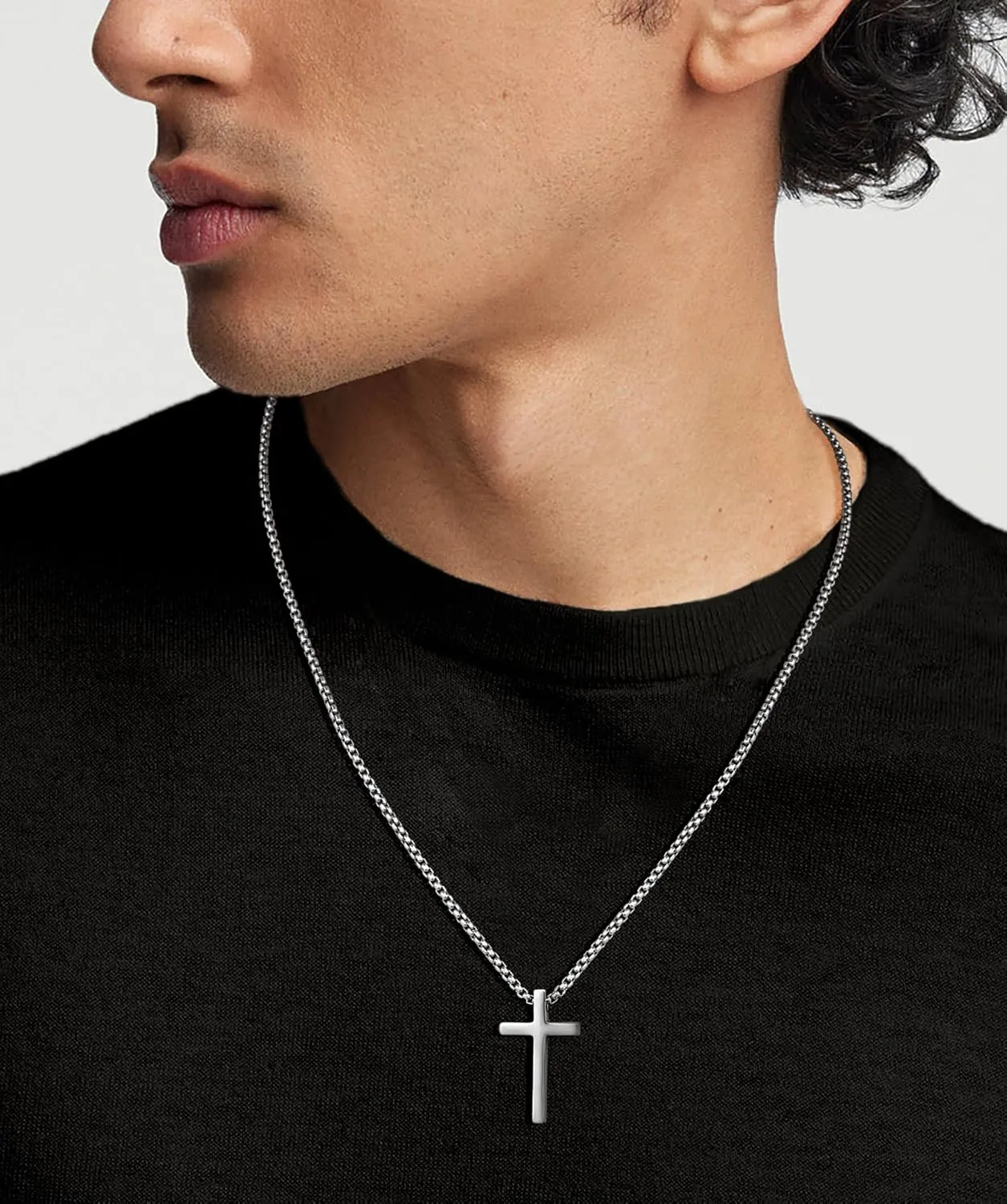 Cross Necklace for Men, Silver Black Gold Stainless Steel Plain Cross Pendant Necklace for Men Box Chain