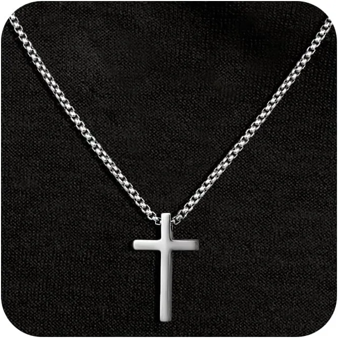 Cross Necklace for Men, Silver Black Gold Stainless Steel Plain Cross Pendant Necklace for Men Box Chain