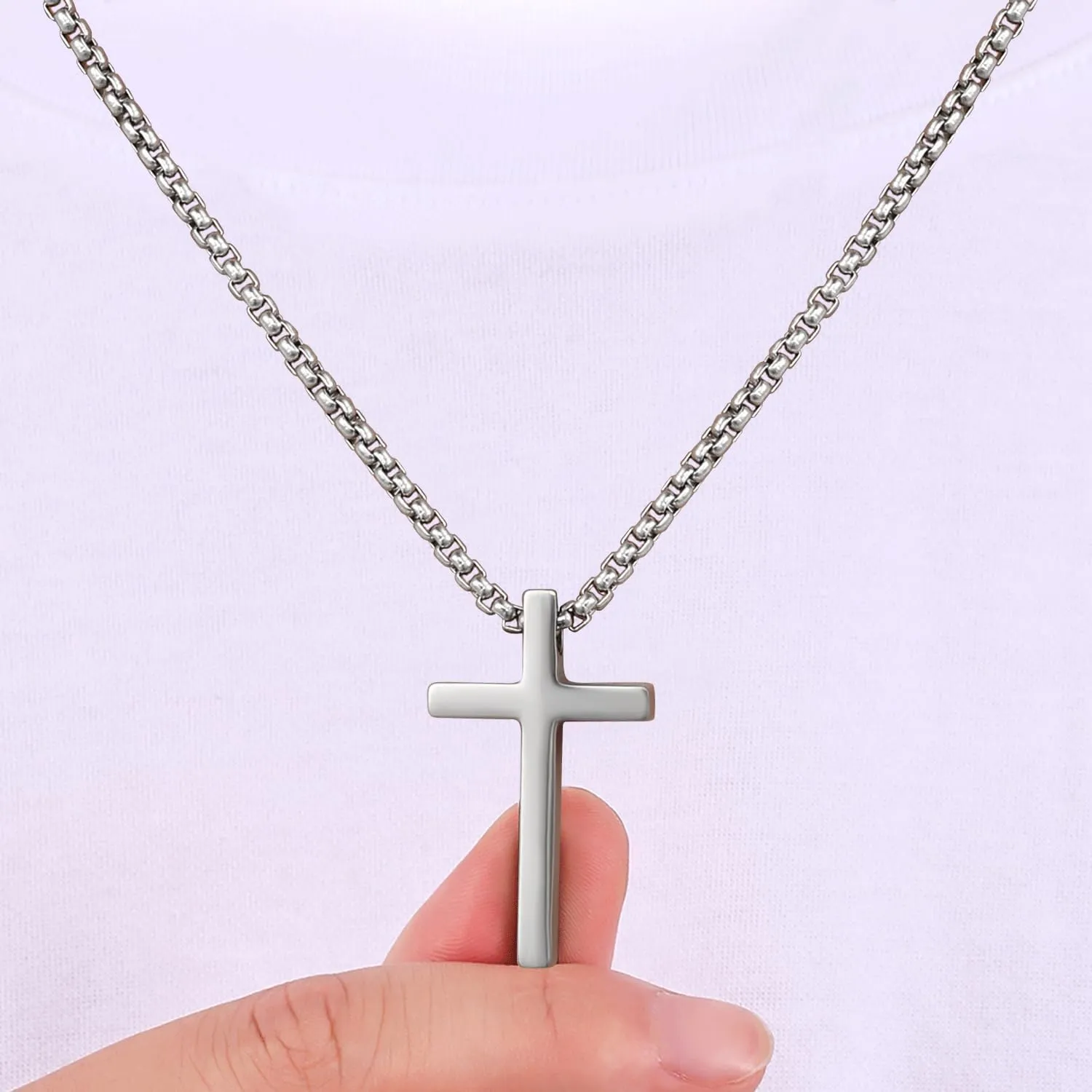 Cross Necklace for Men, Silver Black Gold Stainless Steel Plain Cross Pendant Necklace for Men Box Chain
