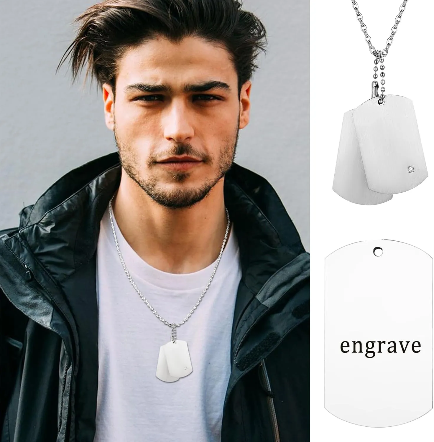 Cupimatch Mens Army Style Stainless Steel Double Dog Tag Pendant Necklace with 22" Chain Silver