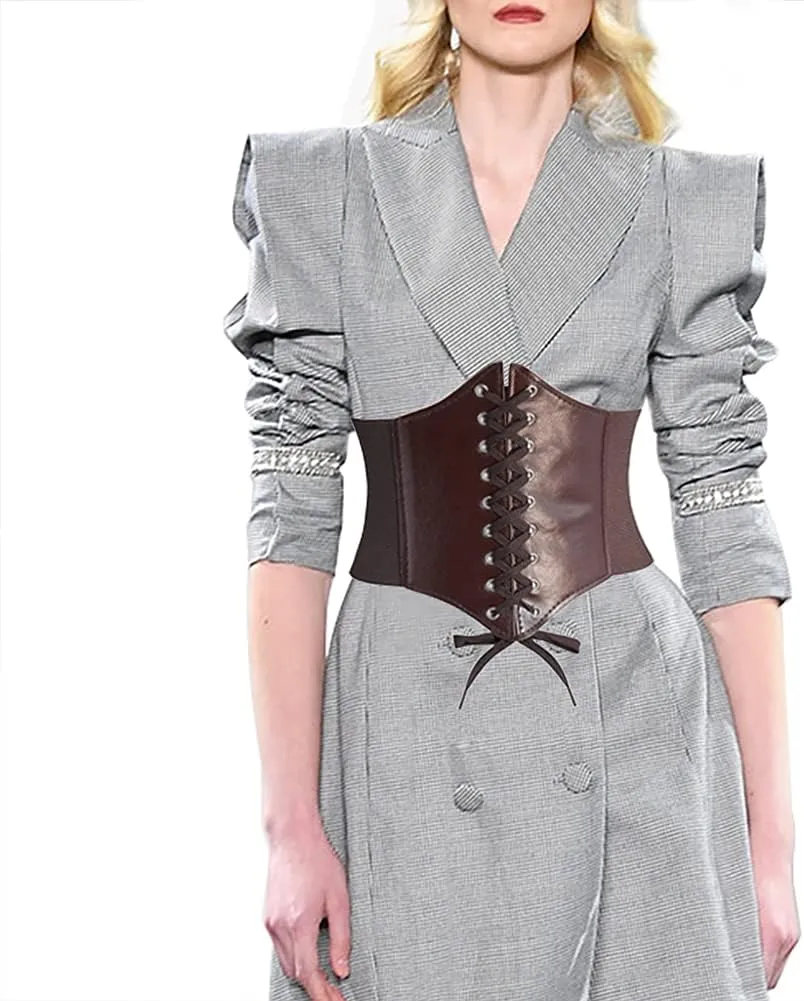 DTWAWA Black Corset Belts for Women, Wide Elastic Tied Leather Waspie Waist Belt for Girls Dresses
