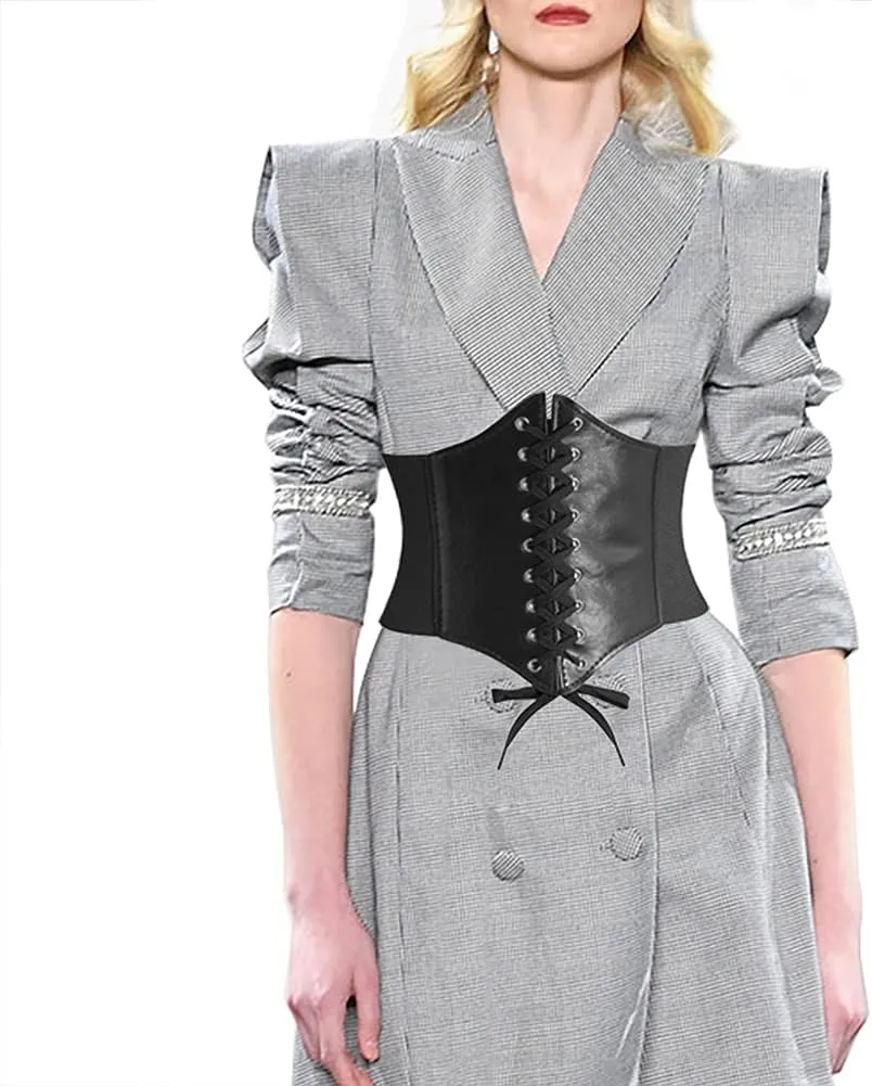 DTWAWA Black Corset Belts for Women, Wide Elastic Tied Leather Waspie Waist Belt for Girls Dresses