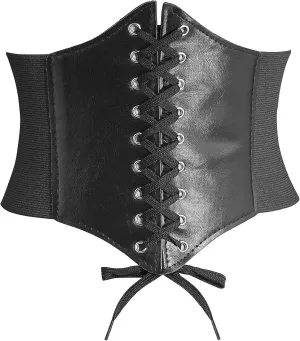 DTWAWA Black Corset Belts for Women, Wide Elastic Tied Leather Waspie Waist Belt for Girls Dresses