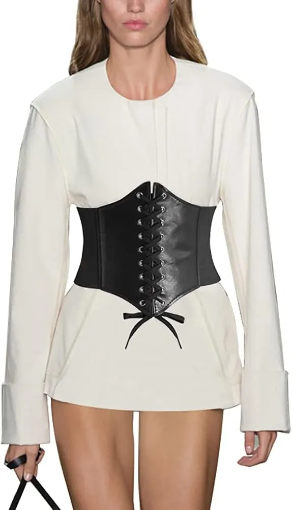 DTWAWA Black Corset Belts for Women, Wide Elastic Tied Leather Waspie Waist Belt for Girls Dresses