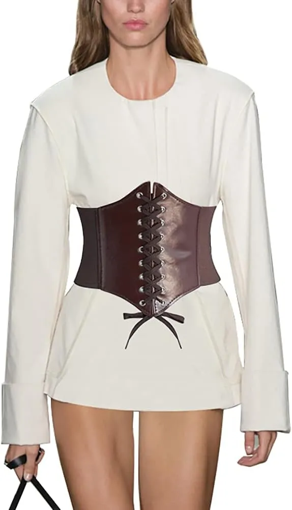 DTWAWA Black Corset Belts for Women, Wide Elastic Tied Leather Waspie Waist Belt for Girls Dresses