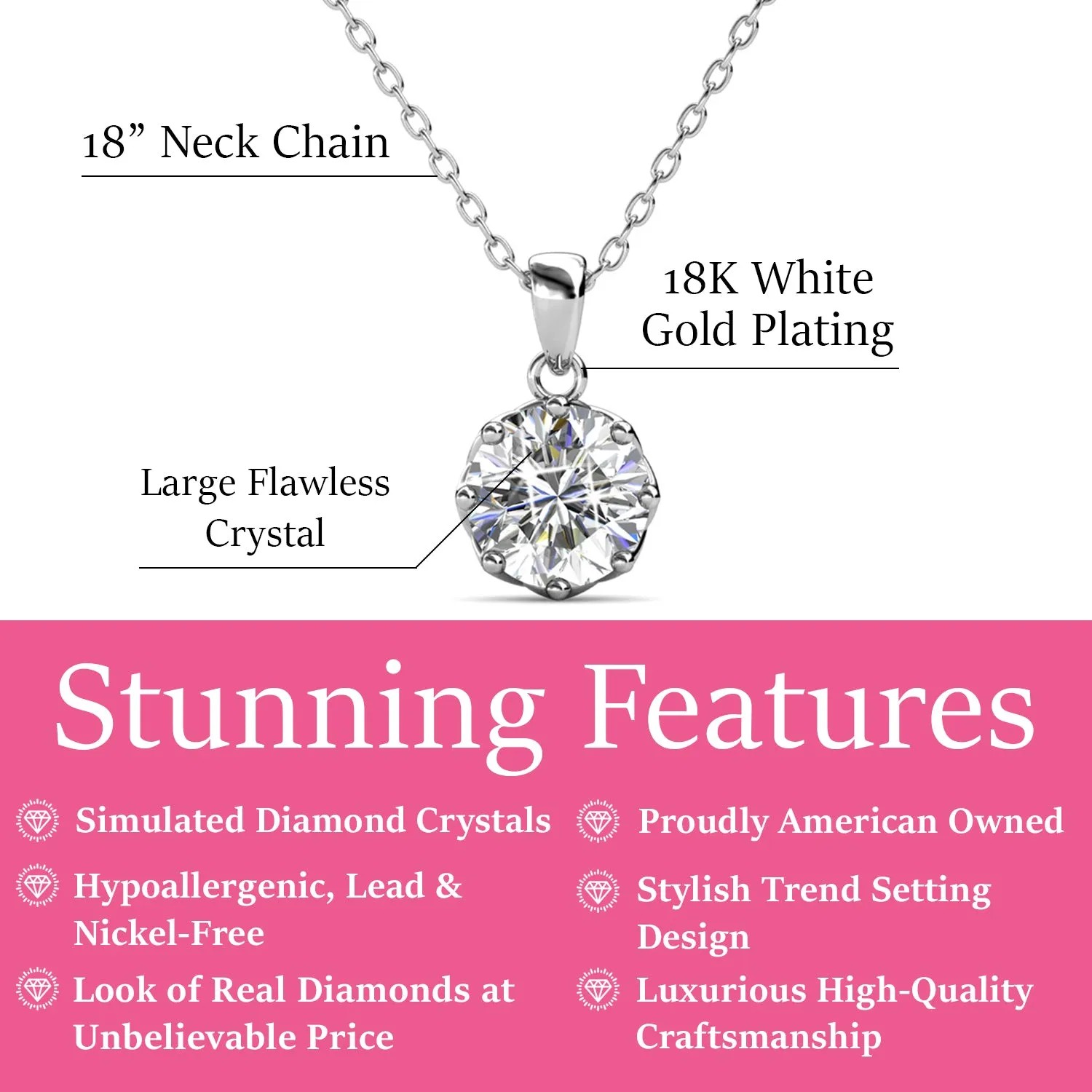 Eden 18k White Gold Plated Pendant Necklace with Solitaire Round Cut Swarovski Crystal