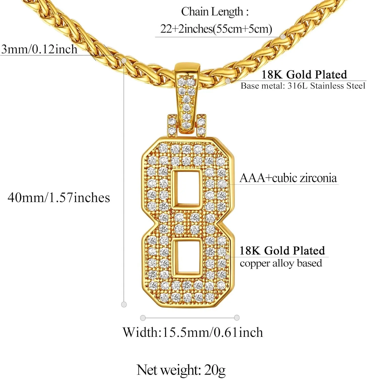 FindChic Bling Number Necklace Baseball Chain 14K Gold Plated Sports Football Pendant Hip Hop Cubic Zirconia Iced Custom Name Personalized Jewelry for Men Boys, Tennis Chain 18'' to 30''   Gift Box
