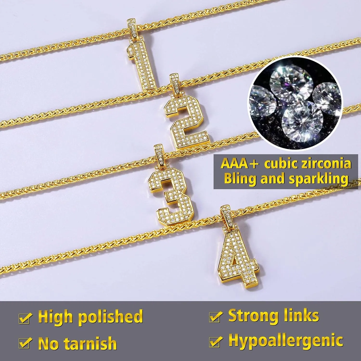 FindChic Bling Number Necklace Baseball Chain 14K Gold Plated Sports Football Pendant Hip Hop Cubic Zirconia Iced Custom Name Personalized Jewelry for Men Boys, Tennis Chain 18'' to 30''   Gift Box