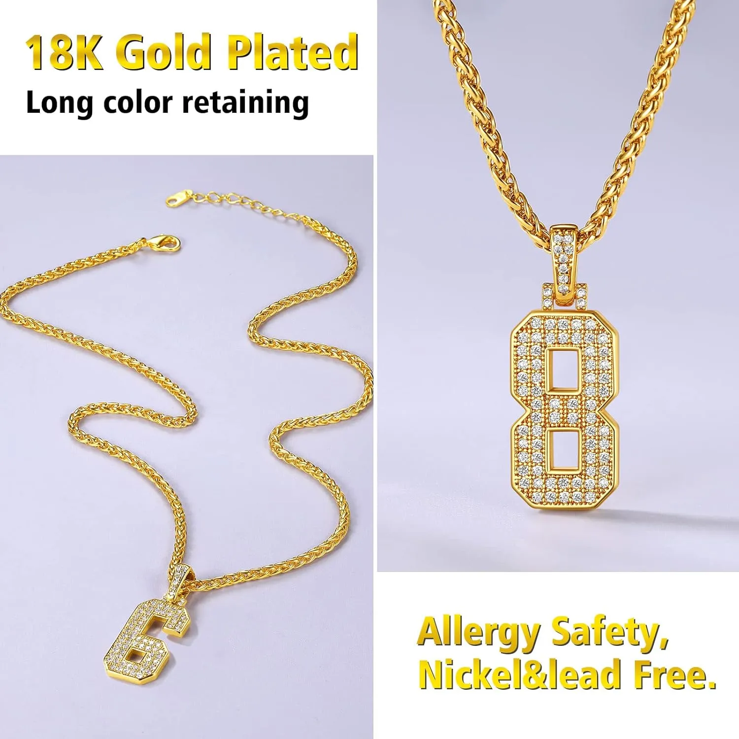 FindChic Bling Number Necklace Baseball Chain 14K Gold Plated Sports Football Pendant Hip Hop Cubic Zirconia Iced Custom Name Personalized Jewelry for Men Boys, Tennis Chain 18'' to 30''   Gift Box