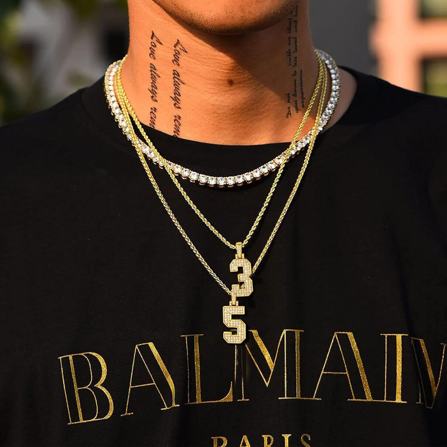 FindChic Bling Number Necklace Baseball Chain 14K Gold Plated Sports Football Pendant Hip Hop Cubic Zirconia Iced Custom Name Personalized Jewelry for Men Boys, Tennis Chain 18'' to 30''   Gift Box