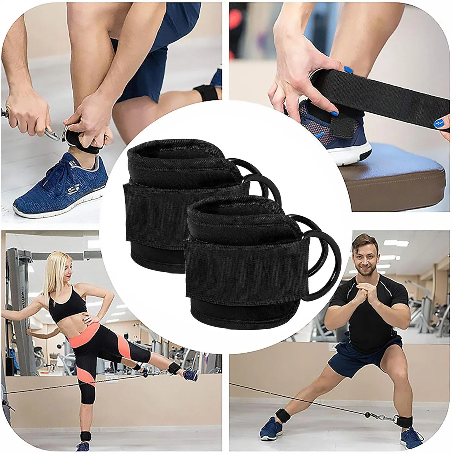 Fitness Ankle Straps for Cable Machines, 2 Pack Comfortable Adjustable Padded Ankle Wrist Cuffs, Kickback Glute Workouts for Men Women, D-Ring Leg Straps with Neoprene Padding