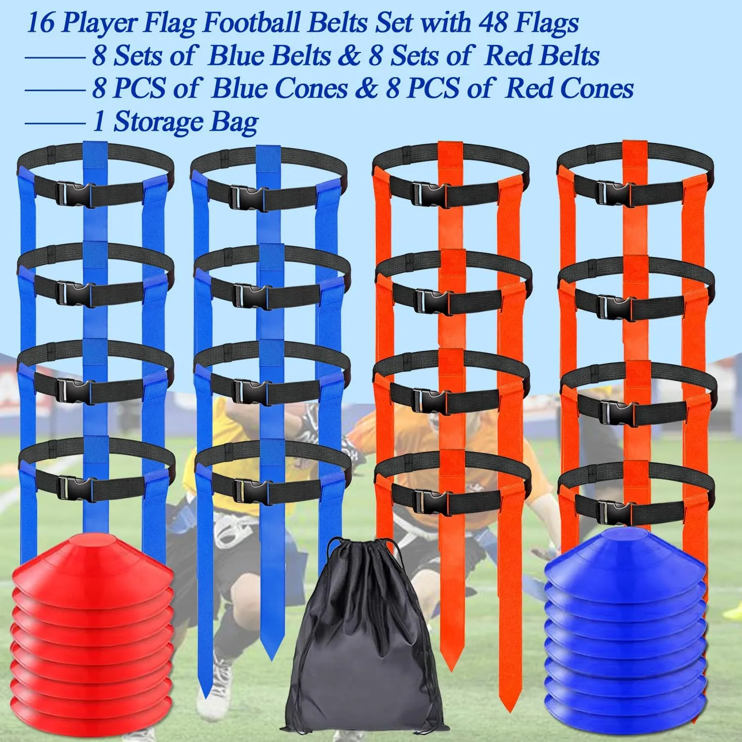 Flag Football Belts,16 Sets of Adjustable Flag Football Set for Kids Youth and Adult Training Include Cones, Storage Bag