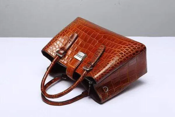 Genuine  Crocodile Leather Top Handle Tote  Shoulder Bag Vintage Wine Red