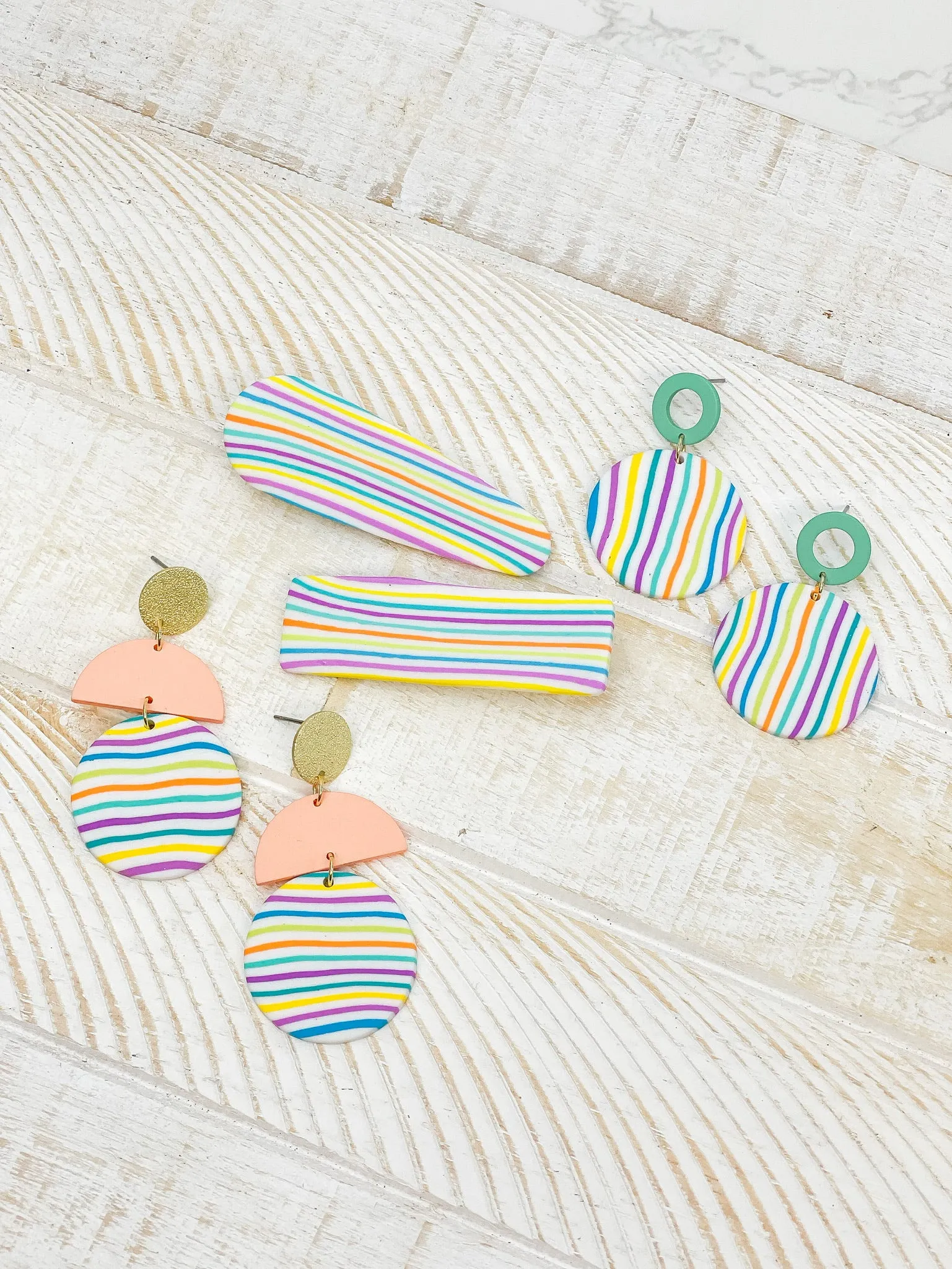 Geometric Circle Clay Dangle Earrings - Rainbow Stripe & Turquoise