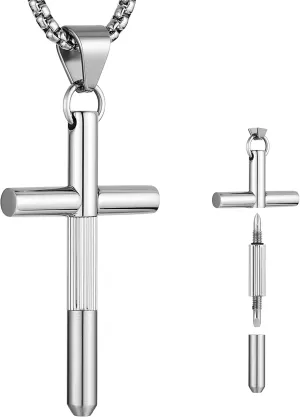 HZMAN Cross Necklace for Men, Stainless SSteel Mini Portable Word Cross Head Screwdrivers Pendant Necklace
