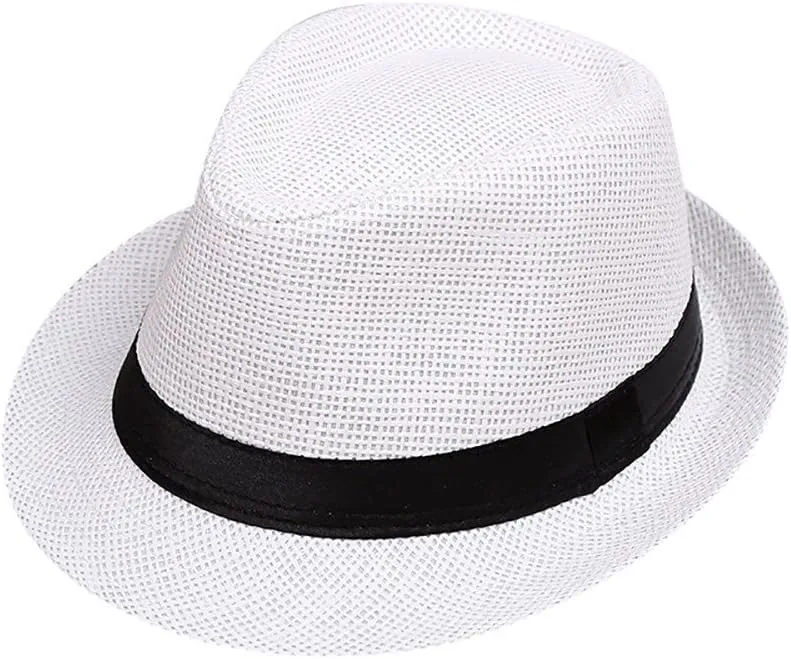 Kids Summer Beach Straw Hat Children Jazz Panama Trilby Fedora Hat Gangster Cap Outdoor Boys Girls Sun Hats(B,One Size)