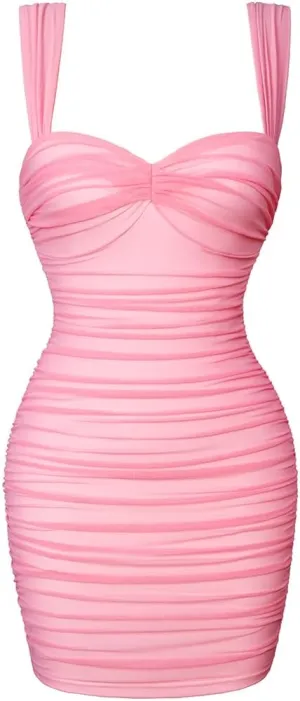 LAGSHIAN Women's Summer Sexy Bodycon Sleeveless Tank Straps Mesh Ruched Mini Party Dress