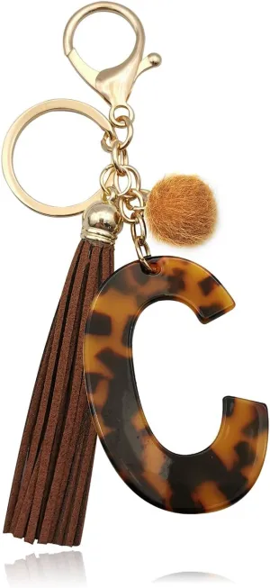 Leopard Alphabet Initial Letter Keychain Tassel Pendant Key Ring for Women Girls Purse Handbags