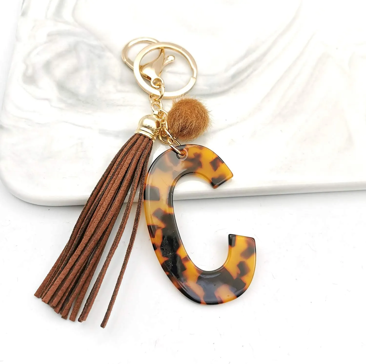 Leopard Alphabet Initial Letter Keychain Tassel Pendant Key Ring for Women Girls Purse Handbags