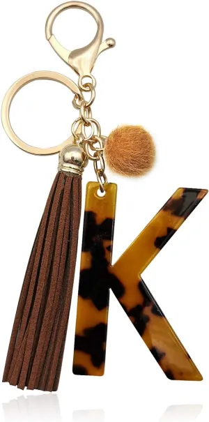 Leopard Alphabet Initial Letter Keychain Tassel Pendant Key Ring for Women Girls Purse Handbags