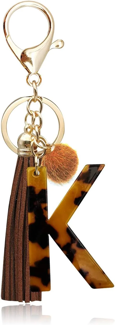 Leopard Alphabet Initial Letter Keychain Tassel Pendant Key Ring for Women Girls Purse Handbags