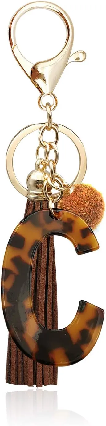 Leopard Alphabet Initial Letter Keychain Tassel Pendant Key Ring for Women Girls Purse Handbags