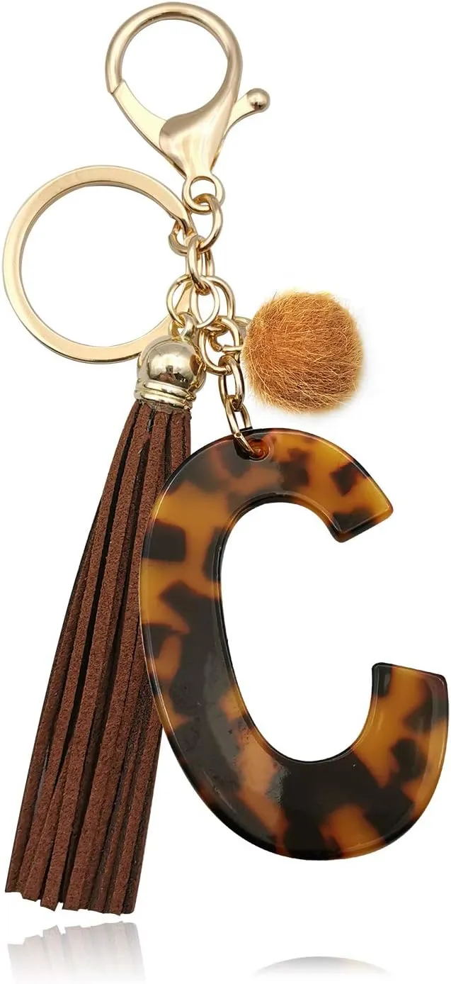 Leopard Alphabet Initial Letter Keychain Tassel Pendant Key Ring for Women Girls Purse Handbags