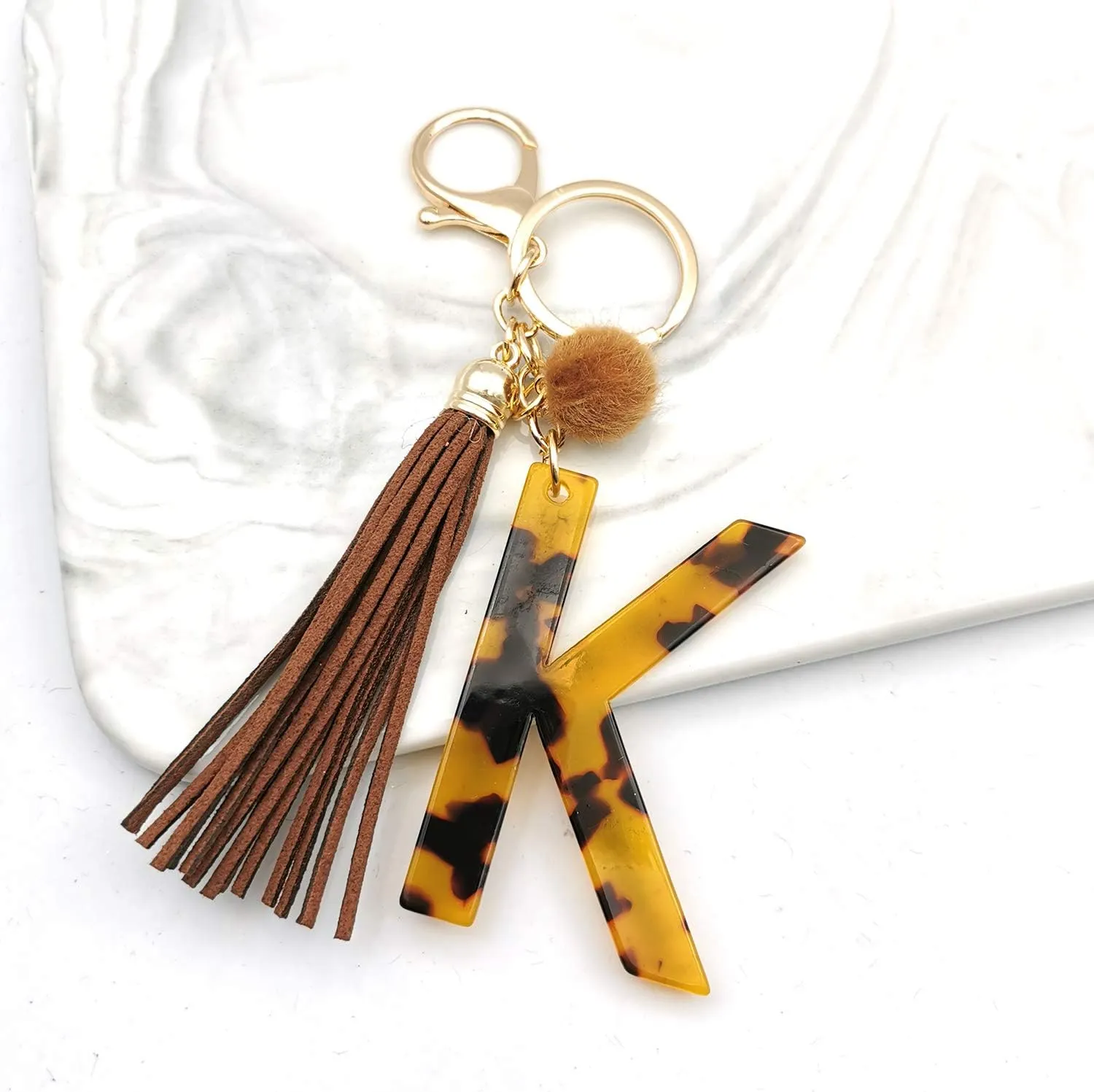 Leopard Alphabet Initial Letter Keychain Tassel Pendant Key Ring for Women Girls Purse Handbags