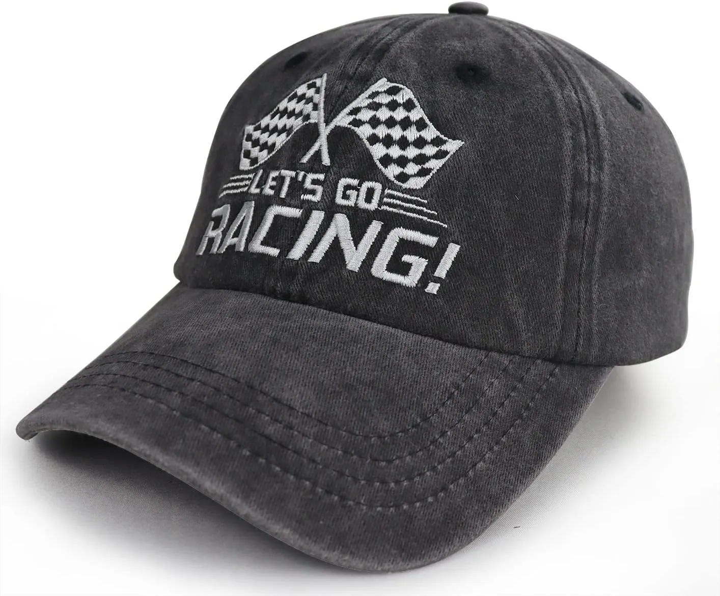 Let's Go Racing Hat for Men Women, Adjustable Embroidered Washed Cotton Checkered Flags Race Car Baseball Cap