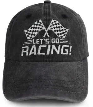 Let's Go Racing Hat for Men Women, Adjustable Embroidered Washed Cotton Checkered Flags Race Car Baseball Cap