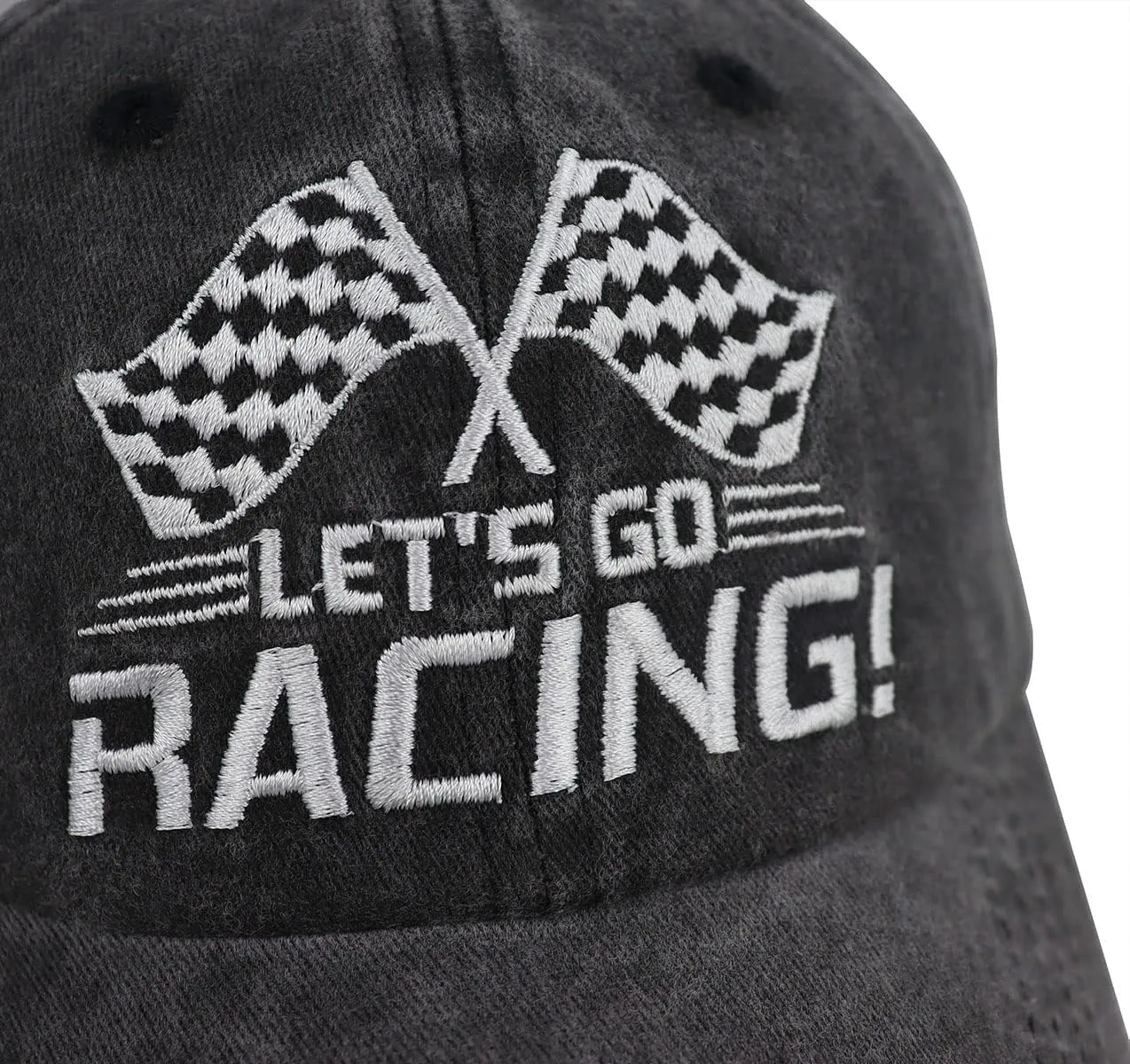 Let's Go Racing Hat for Men Women, Adjustable Embroidered Washed Cotton Checkered Flags Race Car Baseball Cap